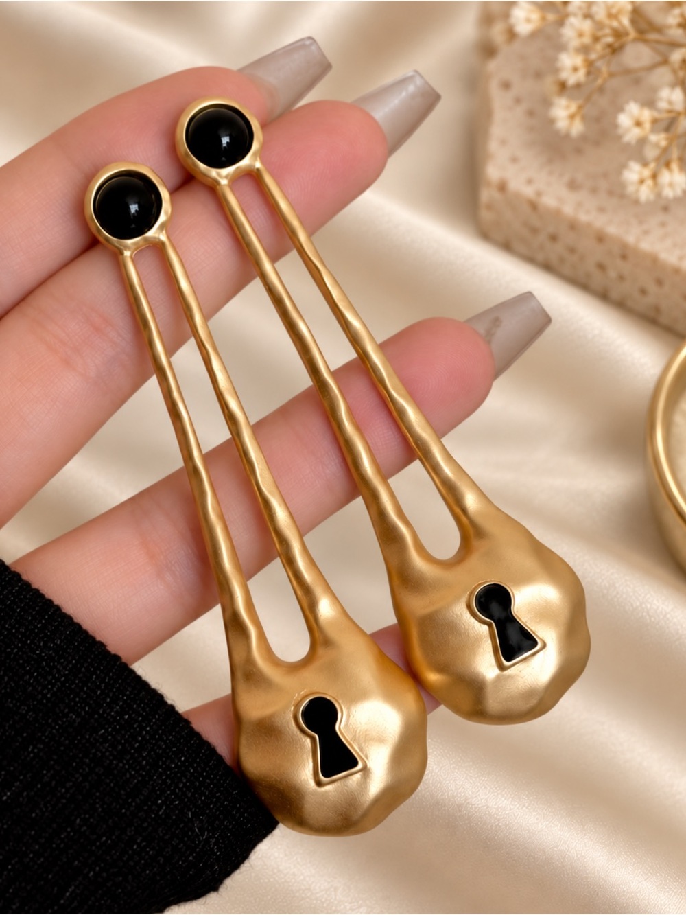 Gold Keyhole Drop Earrings with Black Accents